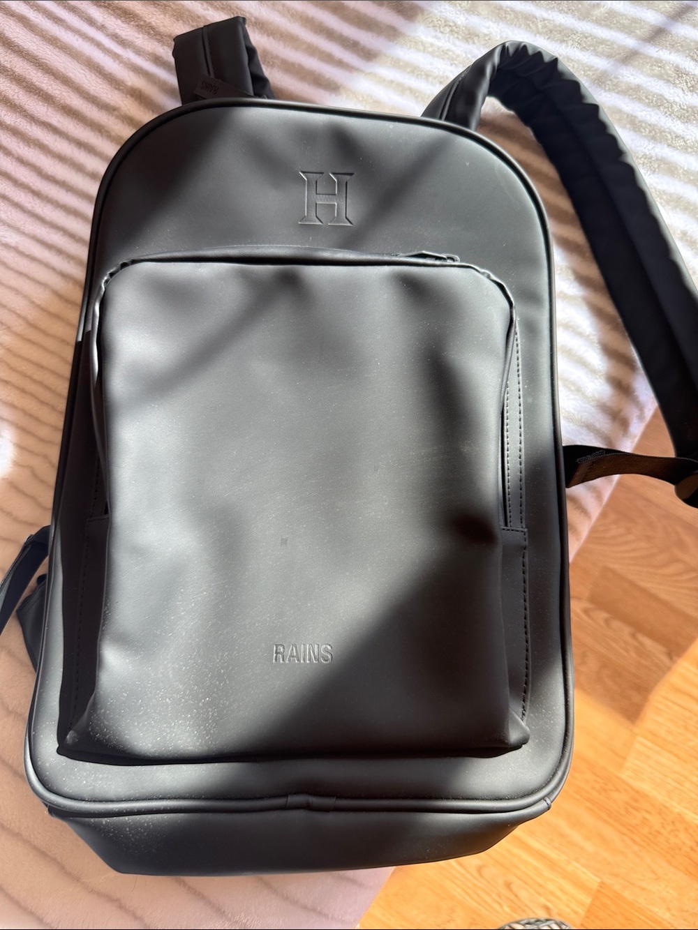 Rains Black Minimalist Waterproof Backpack, 15”
